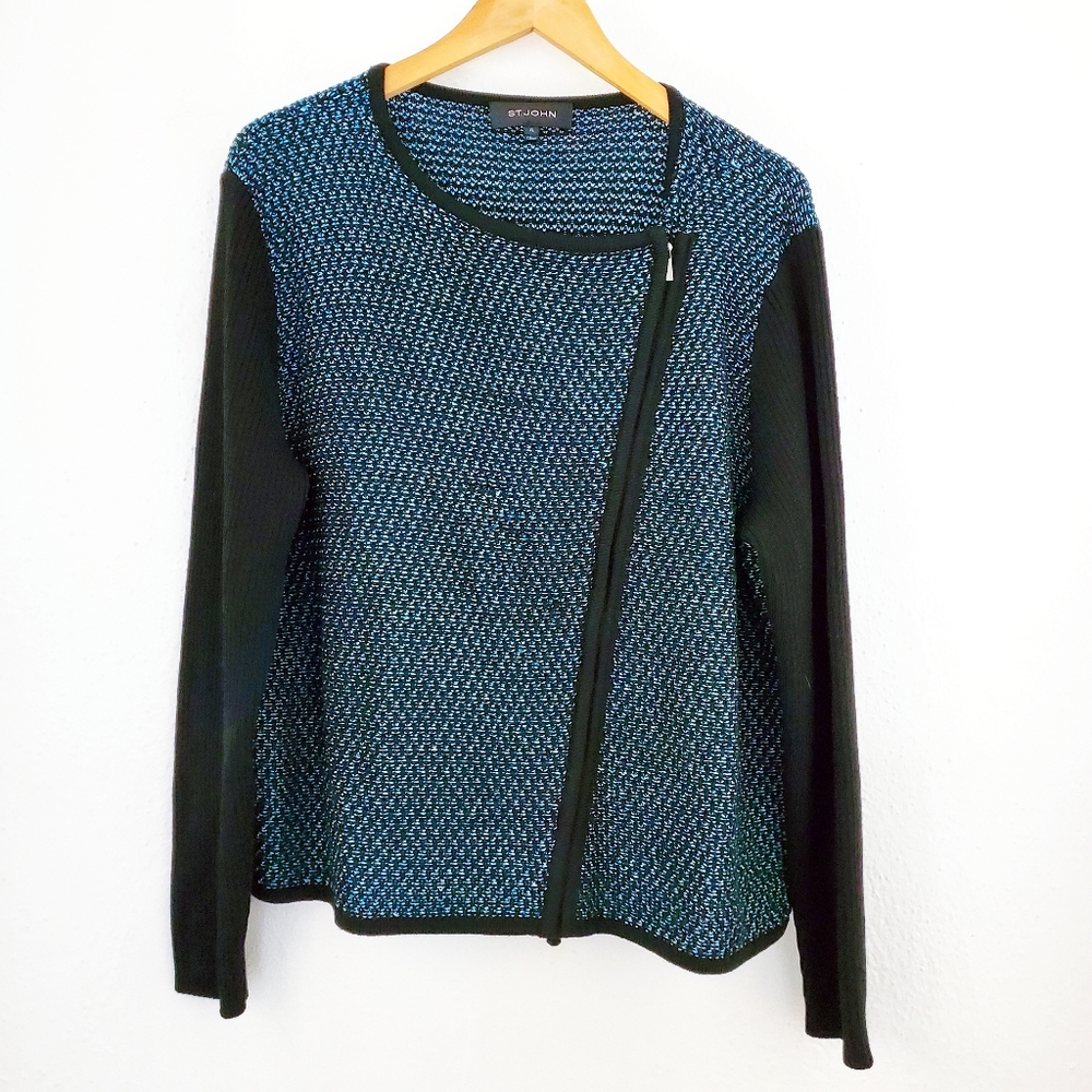 ST. JOHN Knit Tweed Wool Blend Cardigan Sweater